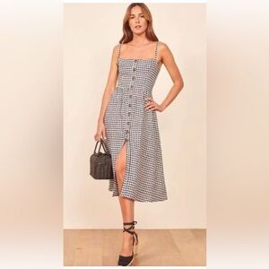 Reformation Black and White Gingham Linen Midi Dress